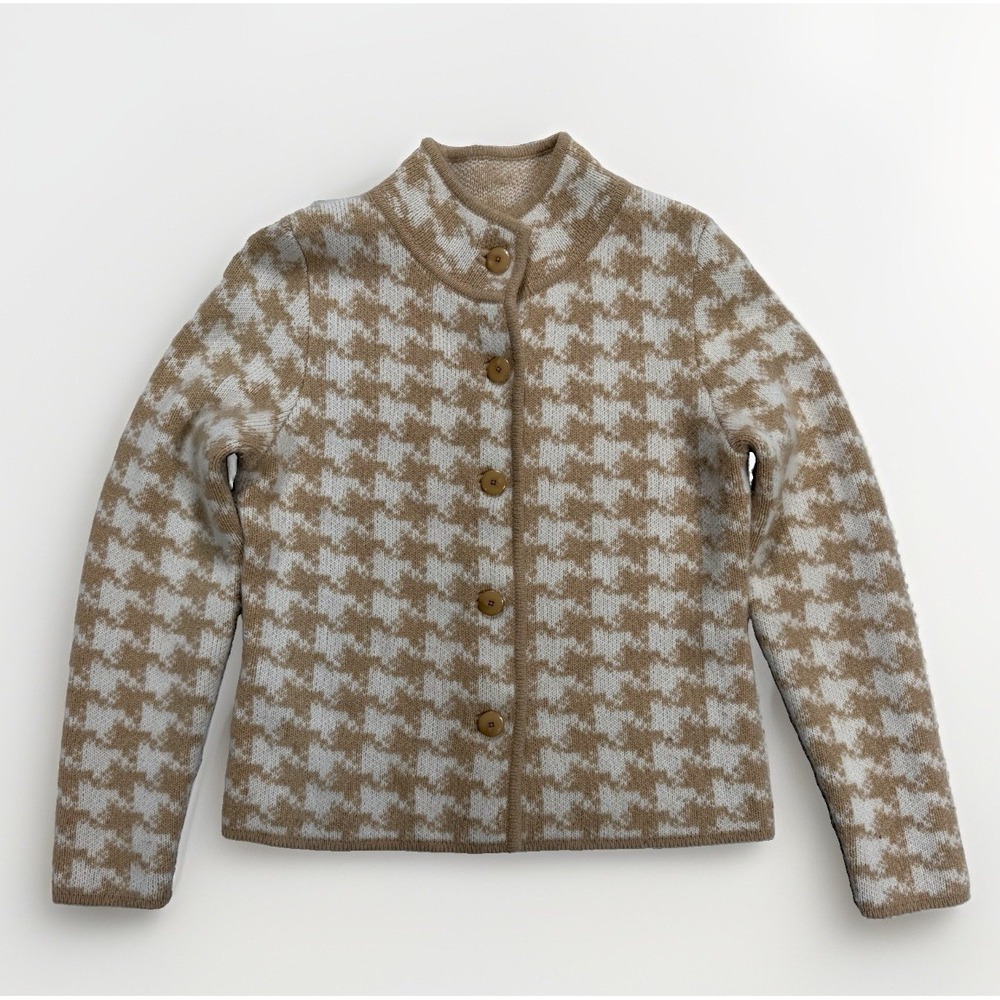Ellen Tracy Cardigan Womens M Houndstooth Rabbit Hair Wool Cashmere Quiet Luxury